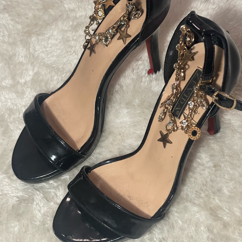 Aldo Black Heels with Gold Chain Detail And Red Bottoms